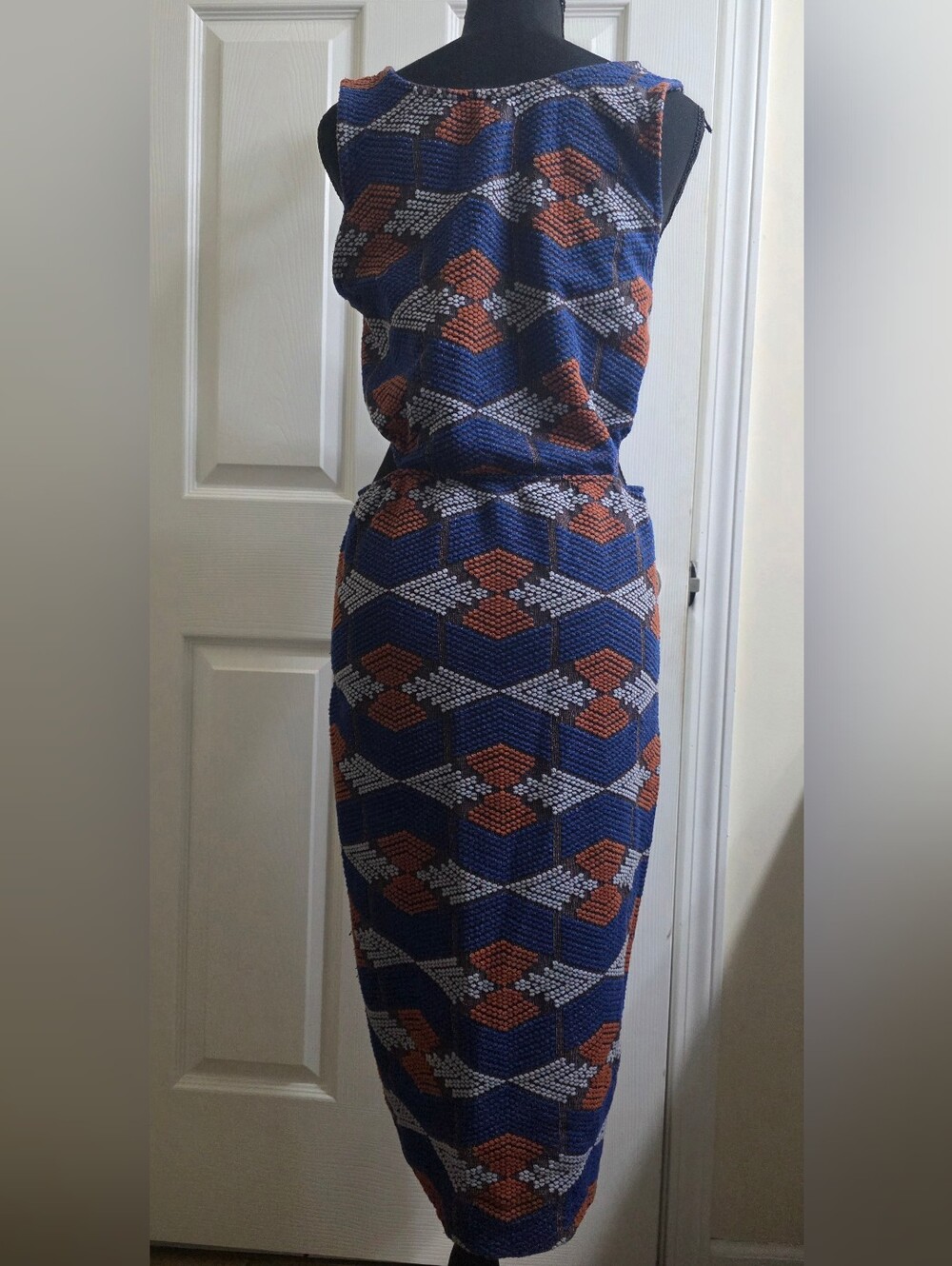 Mango Blue Geometric Midi Dress with Rust and Light Gray Accents - Picture 4 of 5